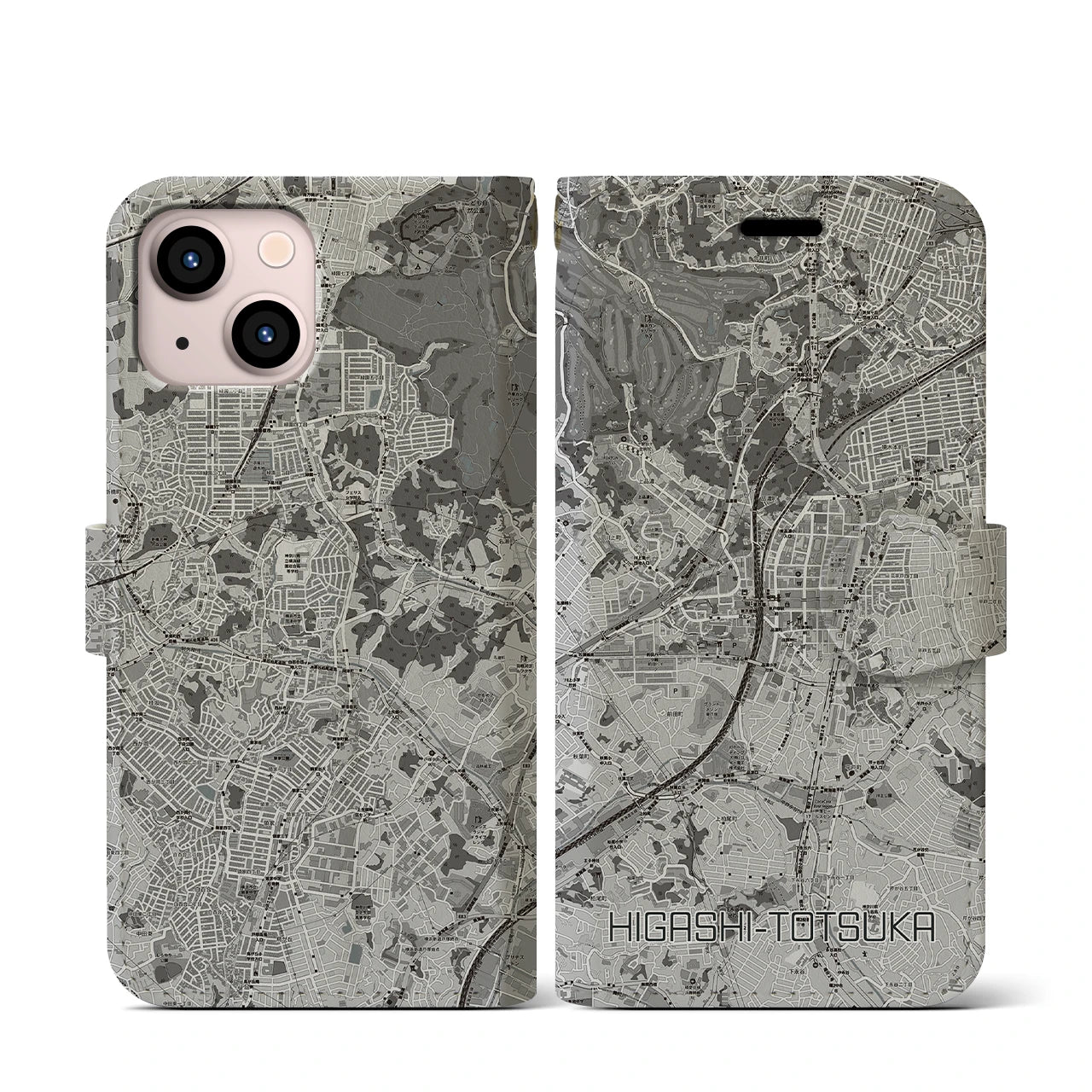 【東戸塚(神奈川県)】地図柄iPhoneケース(手帳タイプ)モノトーン・iPhone 13 mini 用