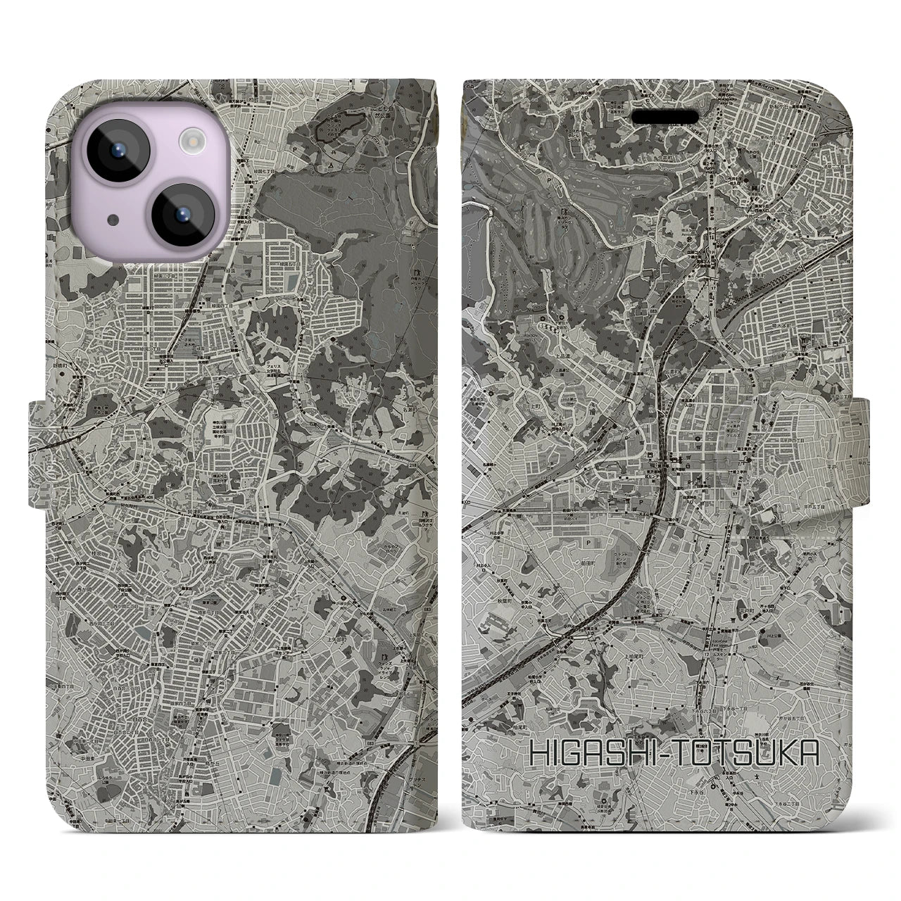 【東戸塚(神奈川県)】地図柄iPhoneケース(手帳タイプ)モノトーン・iPhone 14 用