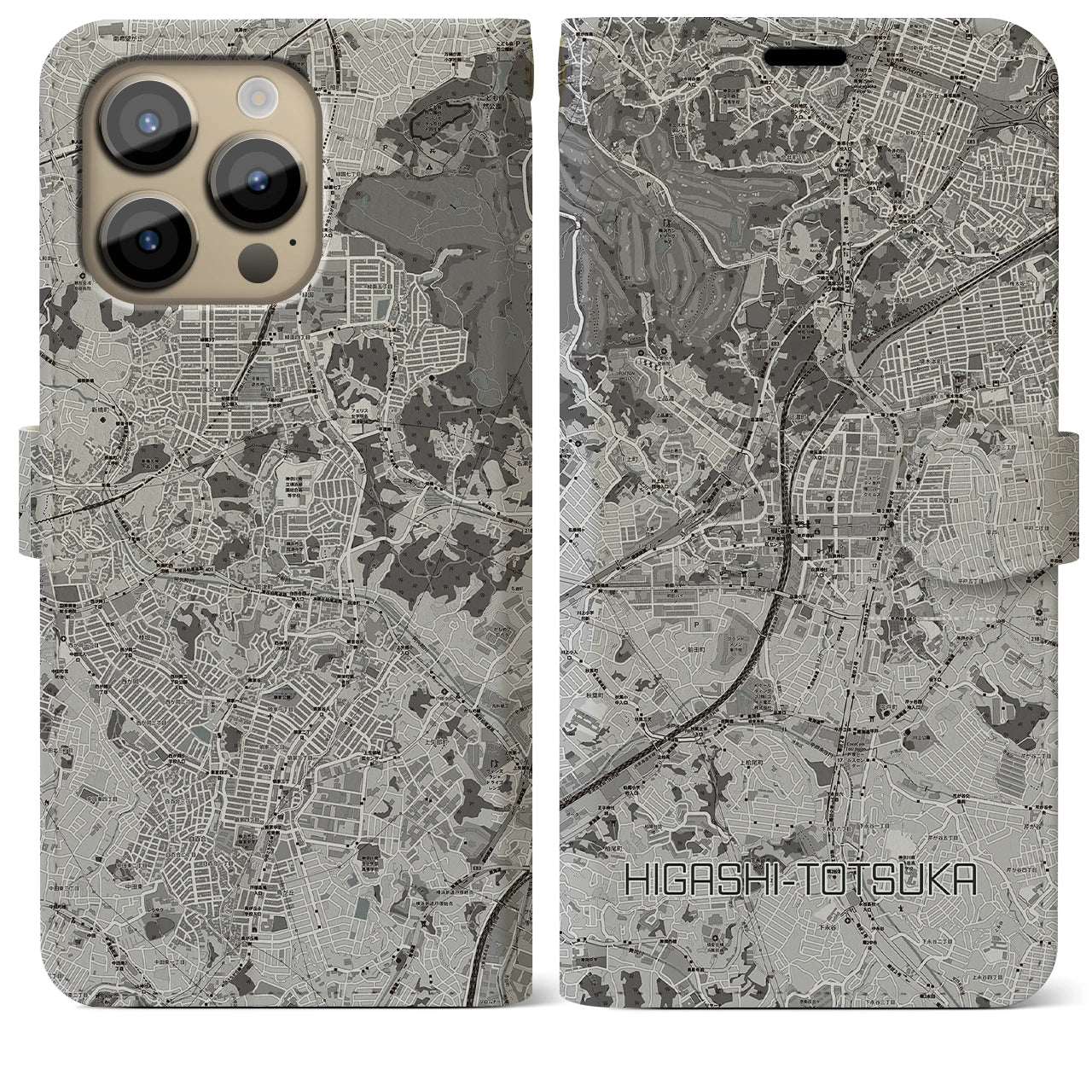 【東戸塚(神奈川県)】地図柄iPhoneケース(手帳タイプ)モノトーン・iPhone 14 Pro Max 用