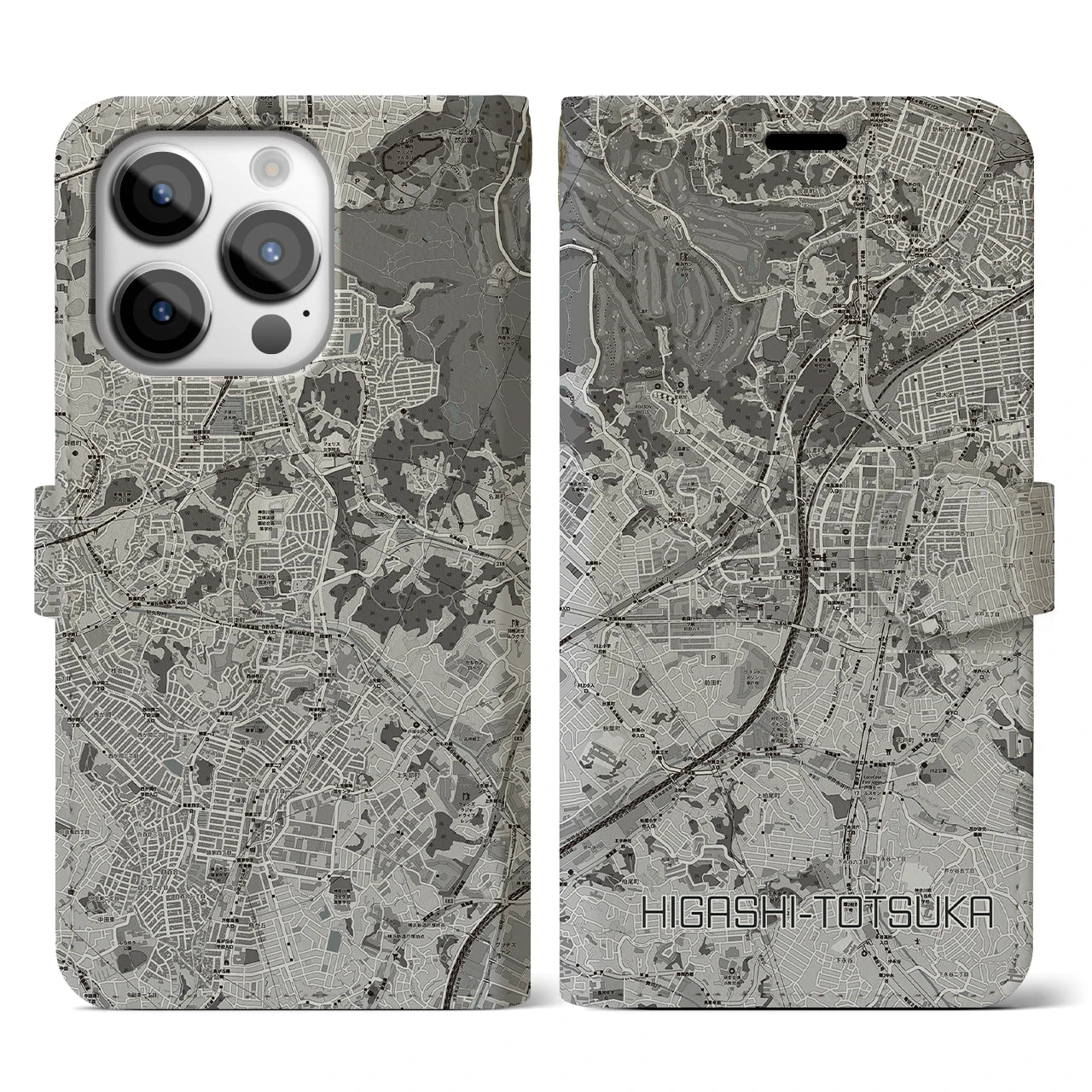 【東戸塚(神奈川県)】地図柄iPhoneケース(手帳タイプ)モノトーン・iPhone 14 Pro 用