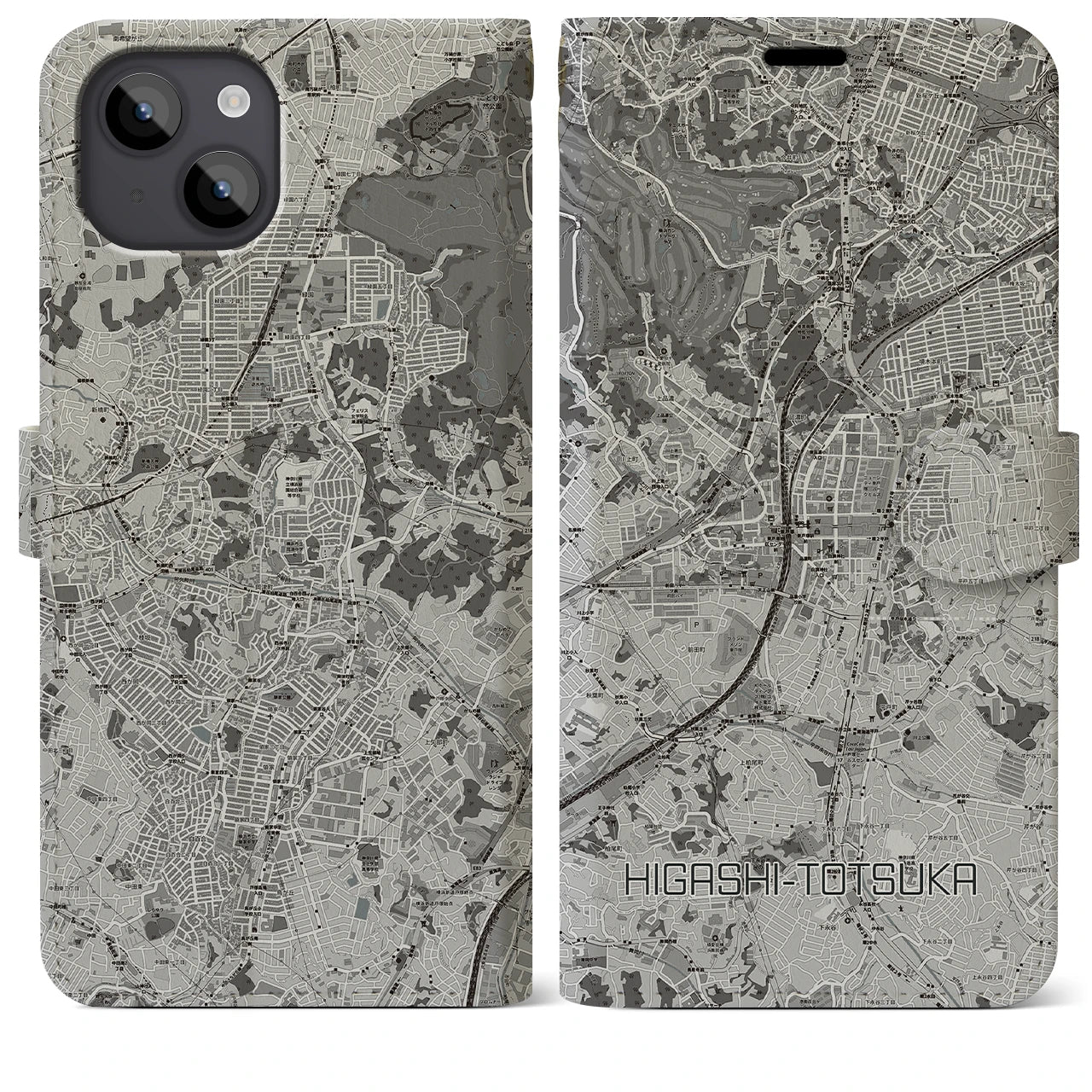 【東戸塚(神奈川県)】地図柄iPhoneケース(手帳タイプ)モノトーン・iPhone 14 Plus 用