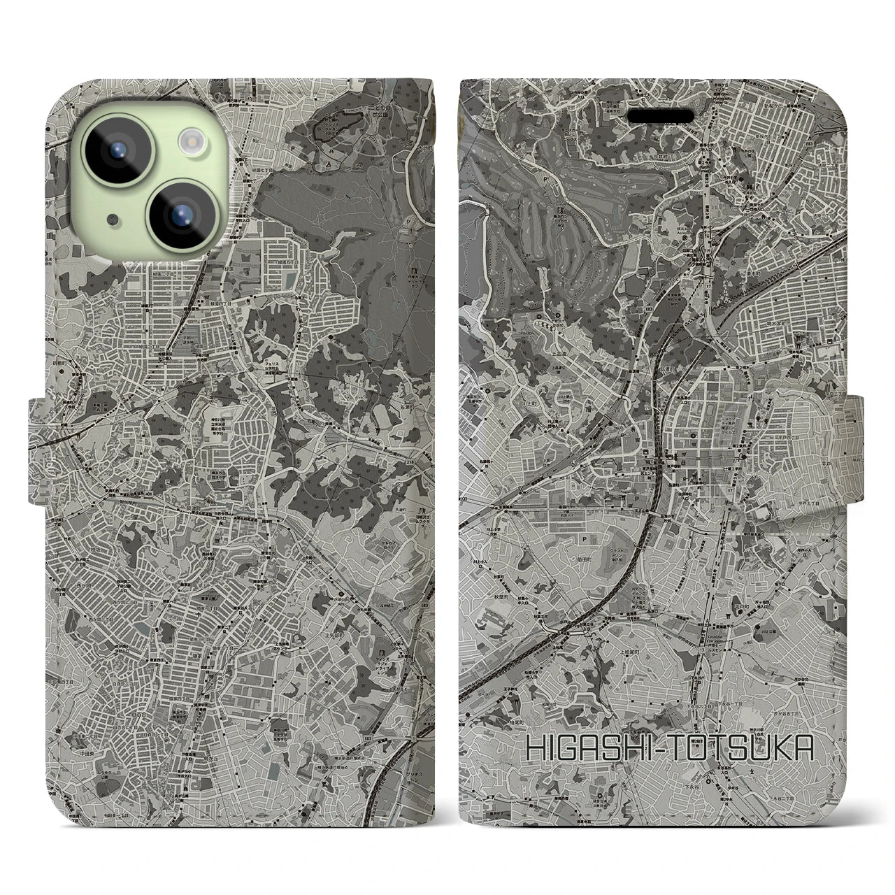 【東戸塚(神奈川県)】地図柄iPhoneケース(手帳タイプ)モノトーン・iPhone 15 用