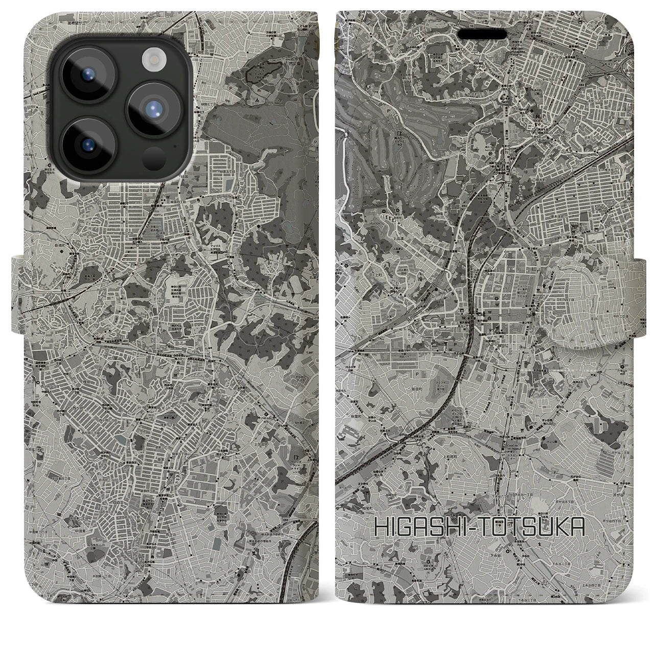 【東戸塚(神奈川県)】地図柄iPhoneケース(手帳タイプ)モノトーン・iPhone 15 Pro Max 用