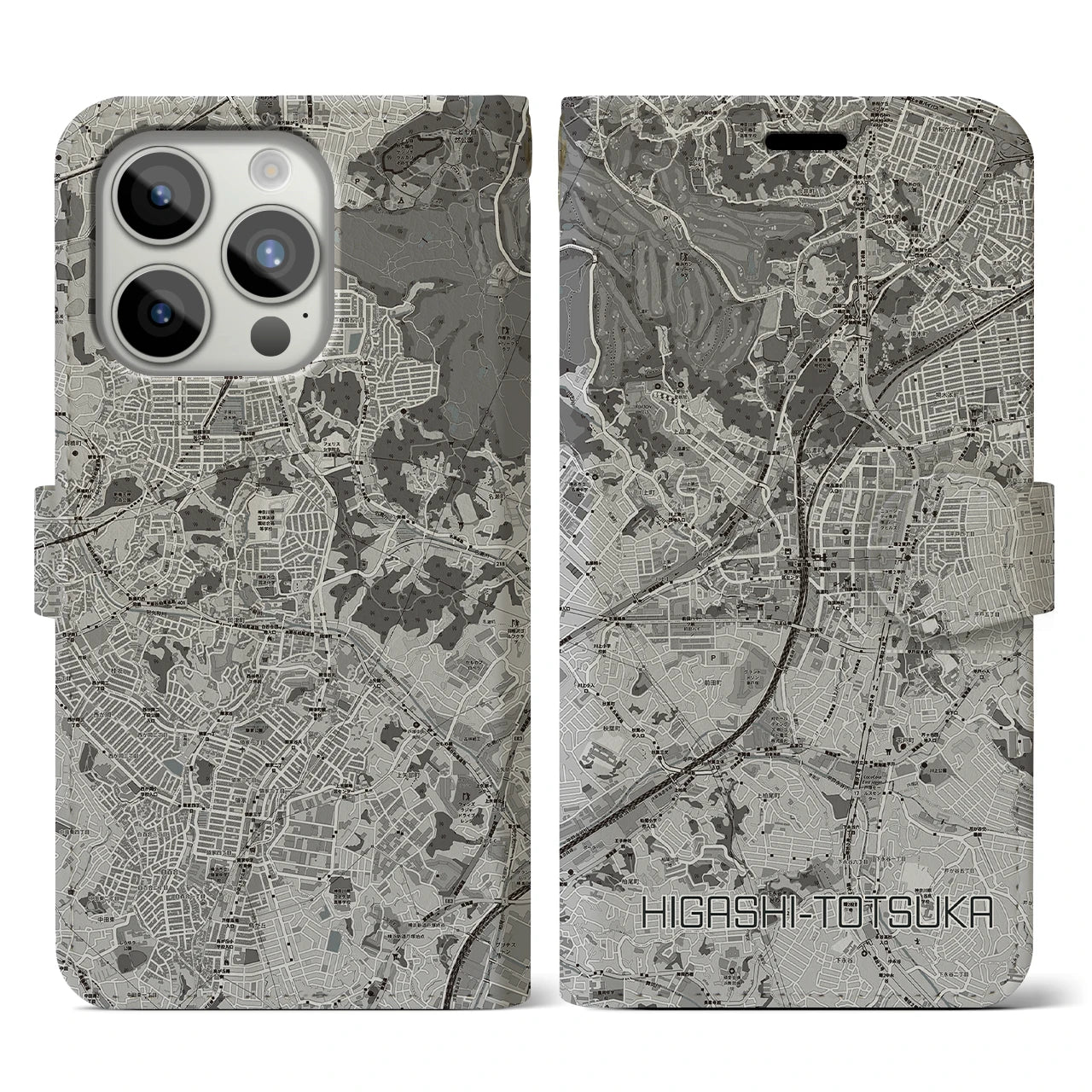 【東戸塚(神奈川県)】地図柄iPhoneケース(手帳タイプ)モノトーン・iPhone 15 Pro 用