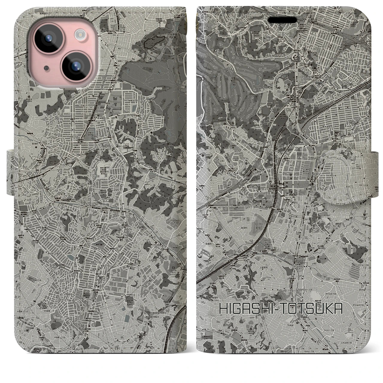 【東戸塚(神奈川県)】地図柄iPhoneケース(手帳タイプ)モノトーン・iPhone 15 Plus 用