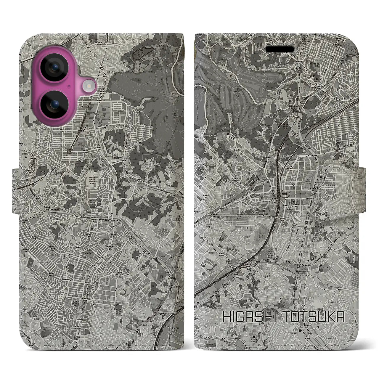 【東戸塚(神奈川県)】地図柄iPhoneケース(手帳タイプ)モノトーン・iPhone 16 Pro 用