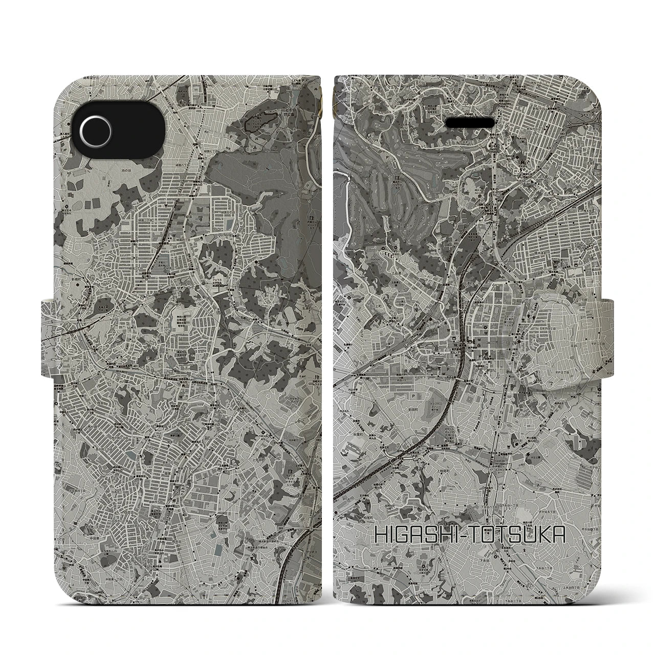 【東戸塚(神奈川県)】地図柄iPhoneケース(手帳タイプ)モノトーン・iPhone SE(第3 / 第2世代) / 8 / 7 / 6s / 6 用