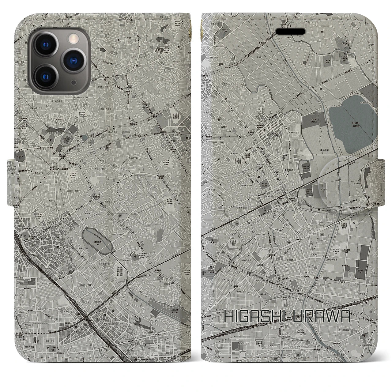 【東浦和(埼玉県)】地図柄iPhoneケース(手帳タイプ)モノトーン・iPhone 11 Pro Max 用