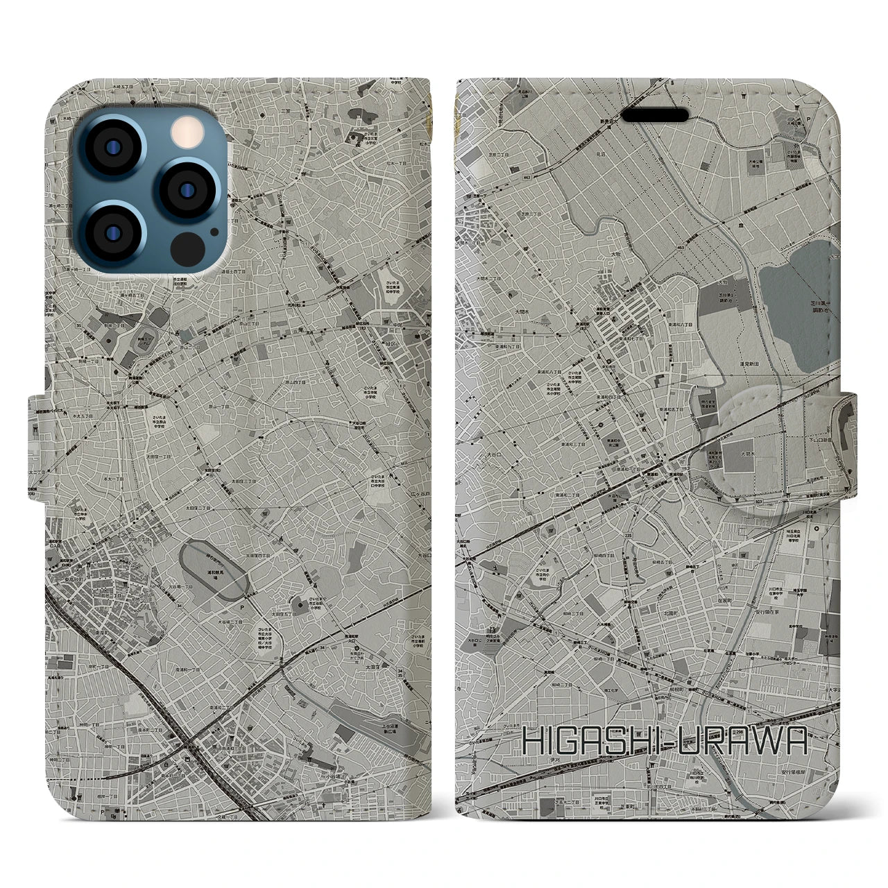 【東浦和(埼玉県)】地図柄iPhoneケース(手帳タイプ)モノトーン・iPhone 12 / 12 Pro 用