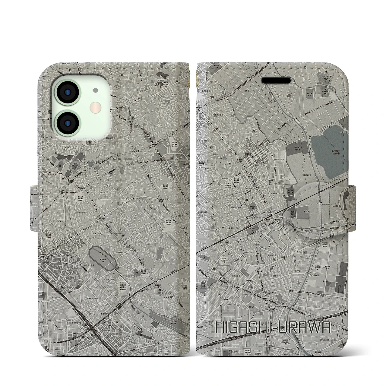 【東浦和(埼玉県)】地図柄iPhoneケース(手帳タイプ)モノトーン・iPhone 12 mini 用