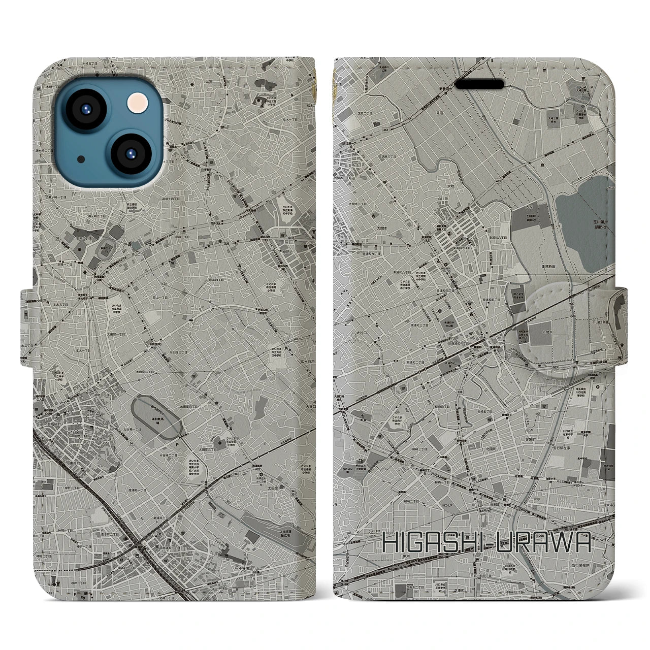 【東浦和(埼玉県)】地図柄iPhoneケース(手帳タイプ)モノトーン・iPhone 13 用