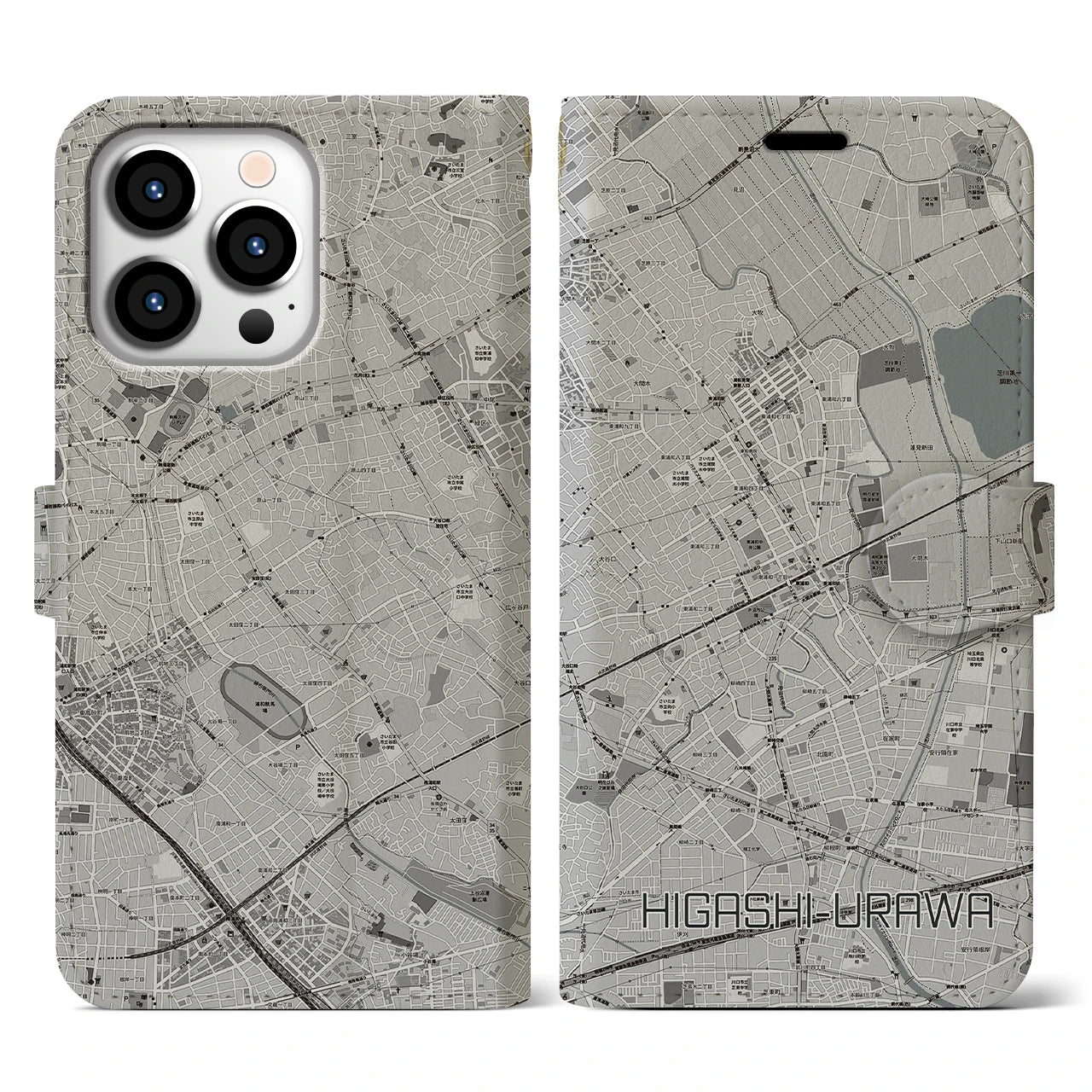 【東浦和(埼玉県)】地図柄iPhoneケース(手帳タイプ)モノトーン・iPhone 13 Pro 用