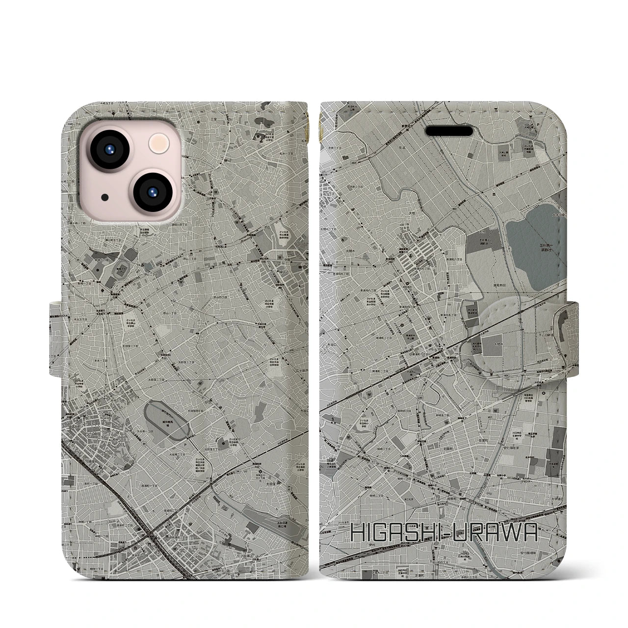 【東浦和(埼玉県)】地図柄iPhoneケース(手帳タイプ)モノトーン・iPhone 13 mini 用