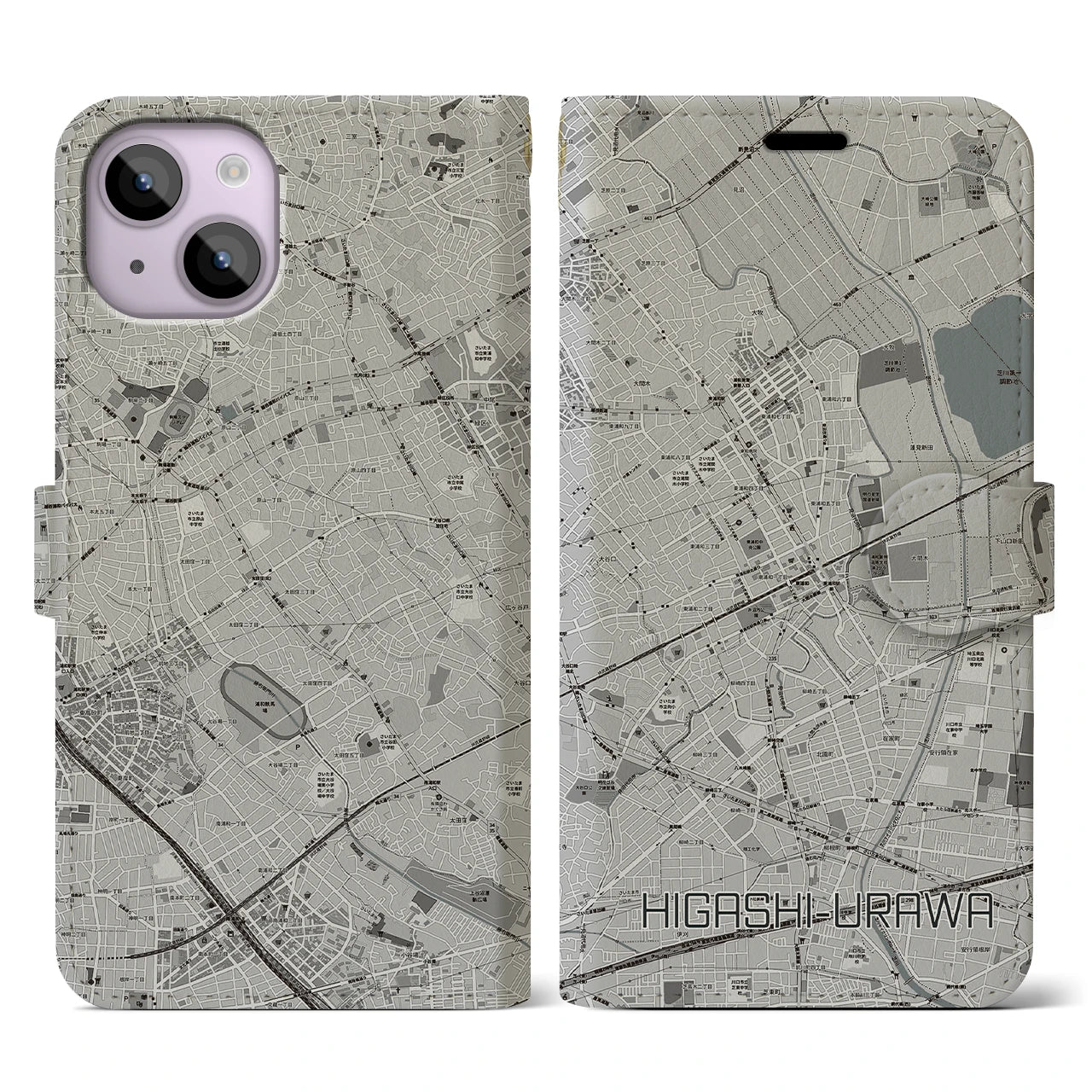 【東浦和(埼玉県)】地図柄iPhoneケース(手帳タイプ)モノトーン・iPhone 14 用