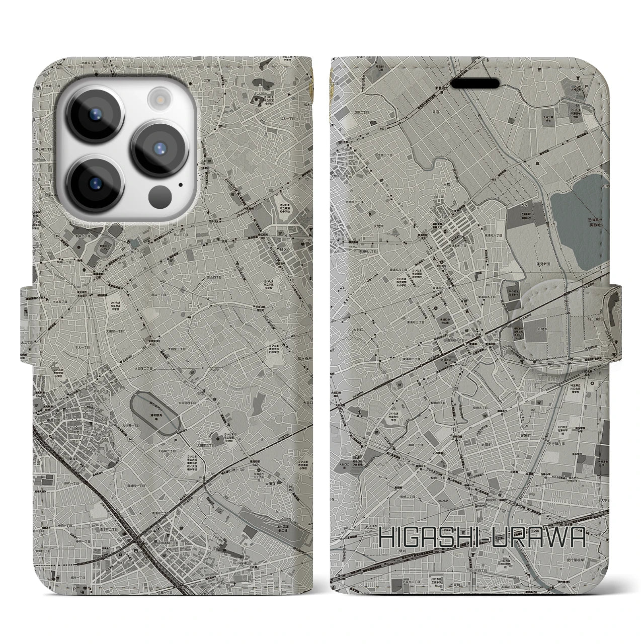 【東浦和(埼玉県)】地図柄iPhoneケース(手帳タイプ)モノトーン・iPhone 14 Pro 用