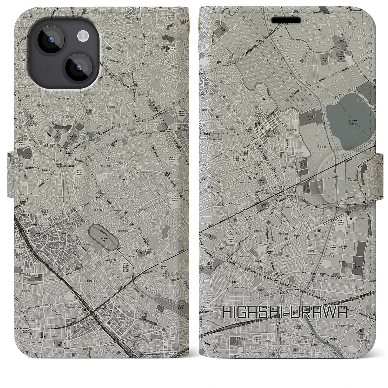 【東浦和(埼玉県)】地図柄iPhoneケース(手帳タイプ)モノトーン・iPhone 14 Plus 用