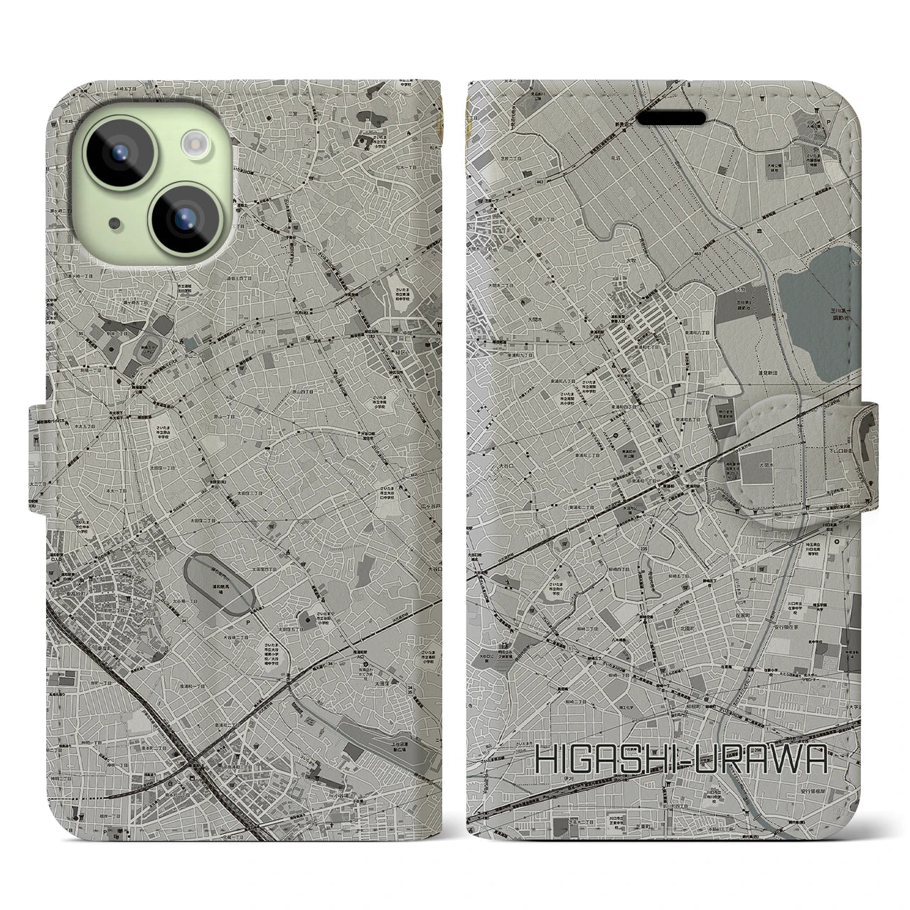 【東浦和(埼玉県)】地図柄iPhoneケース(手帳タイプ)モノトーン・iPhone 15 用