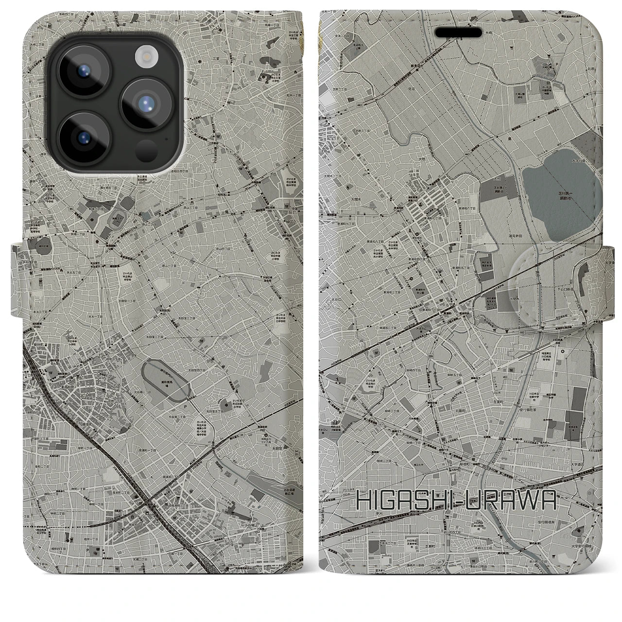 【東浦和(埼玉県)】地図柄iPhoneケース(手帳タイプ)モノトーン・iPhone 15 Pro Max 用