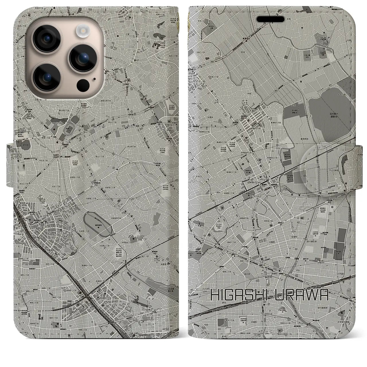 【東浦和(埼玉県)】地図柄iPhoneケース(手帳タイプ)モノトーン・iPhone 16 Plus 用
