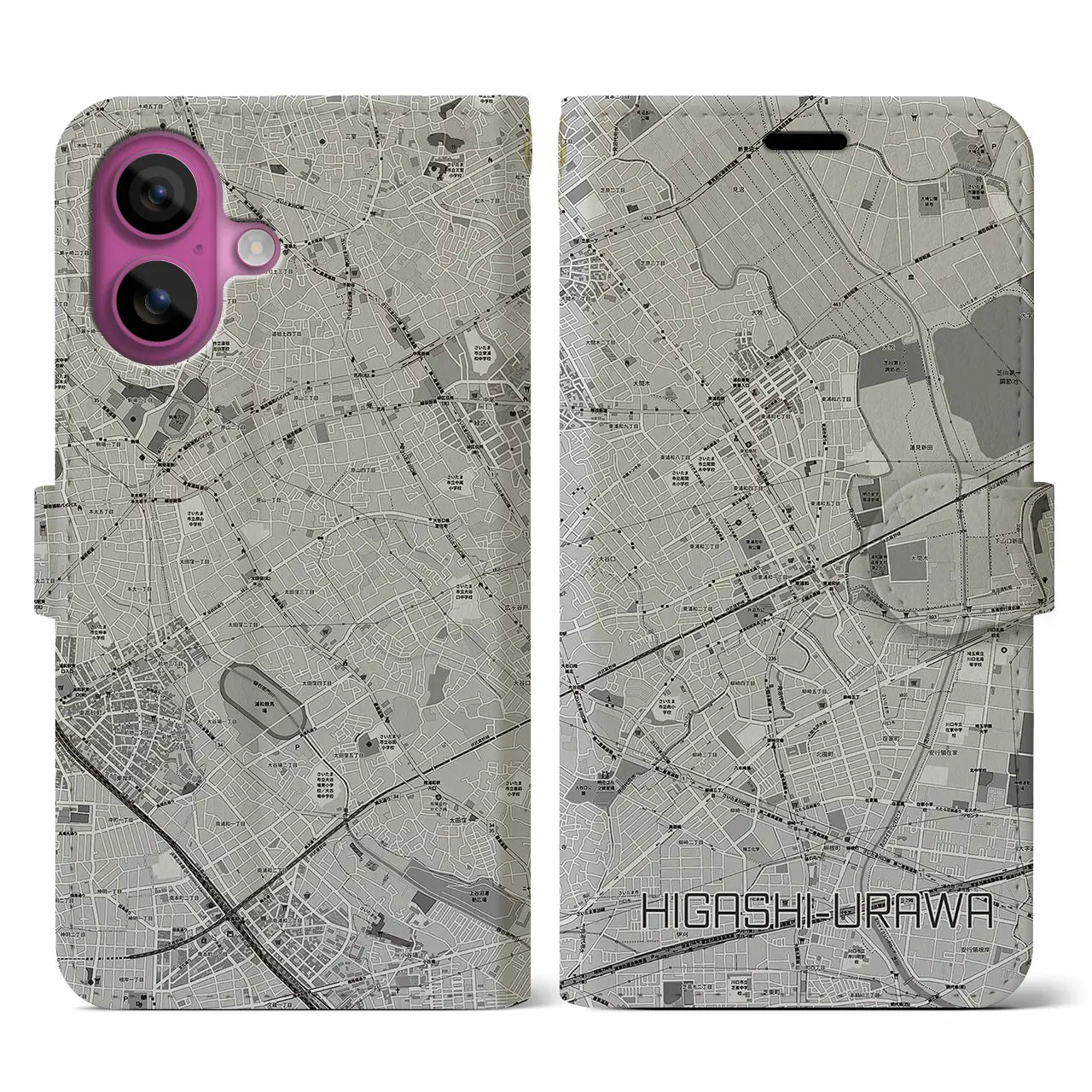 【東浦和(埼玉県)】地図柄iPhoneケース(手帳タイプ)モノトーン・iPhone 16 Pro 用