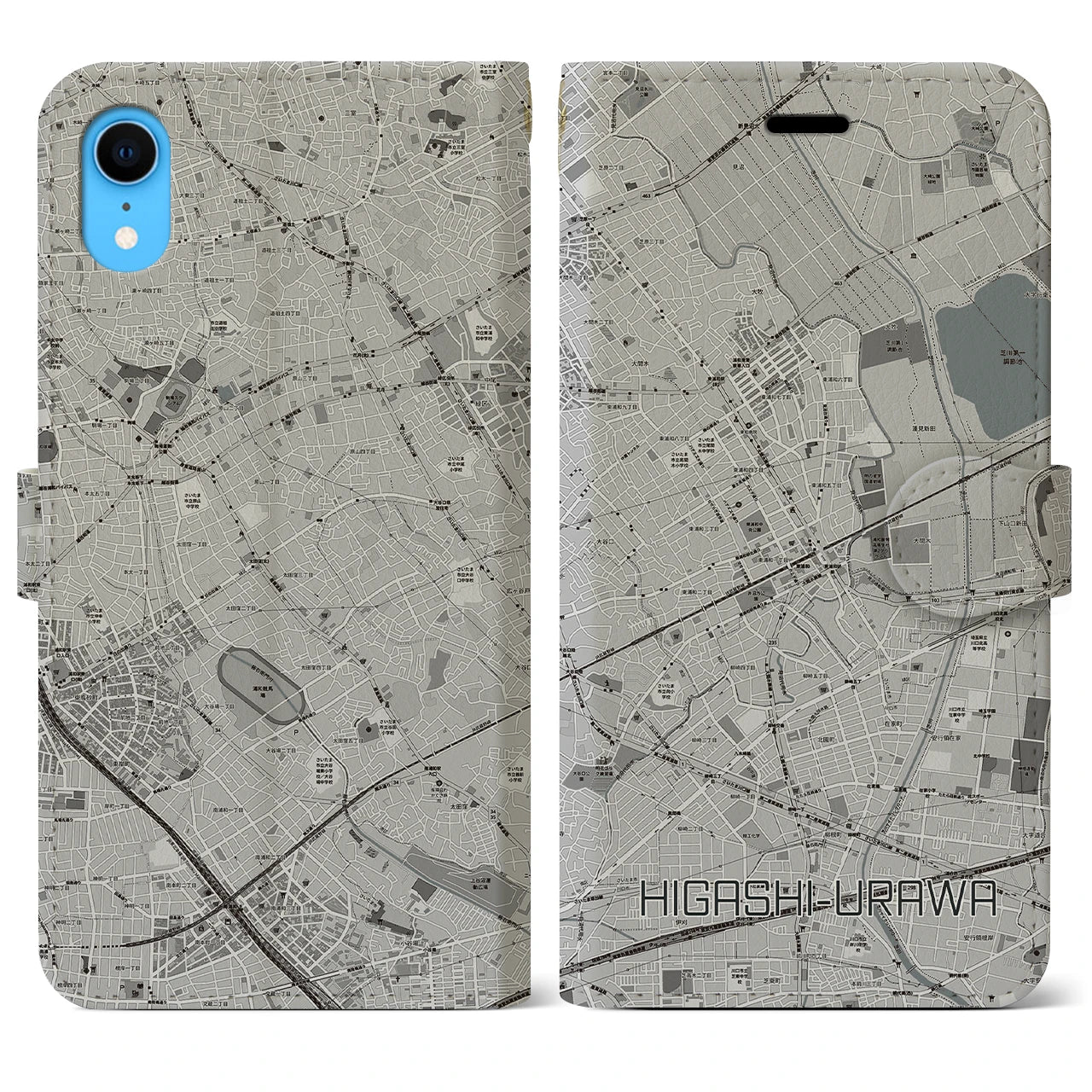 【東浦和(埼玉県)】地図柄iPhoneケース(手帳タイプ)モノトーン・iPhone XR 用