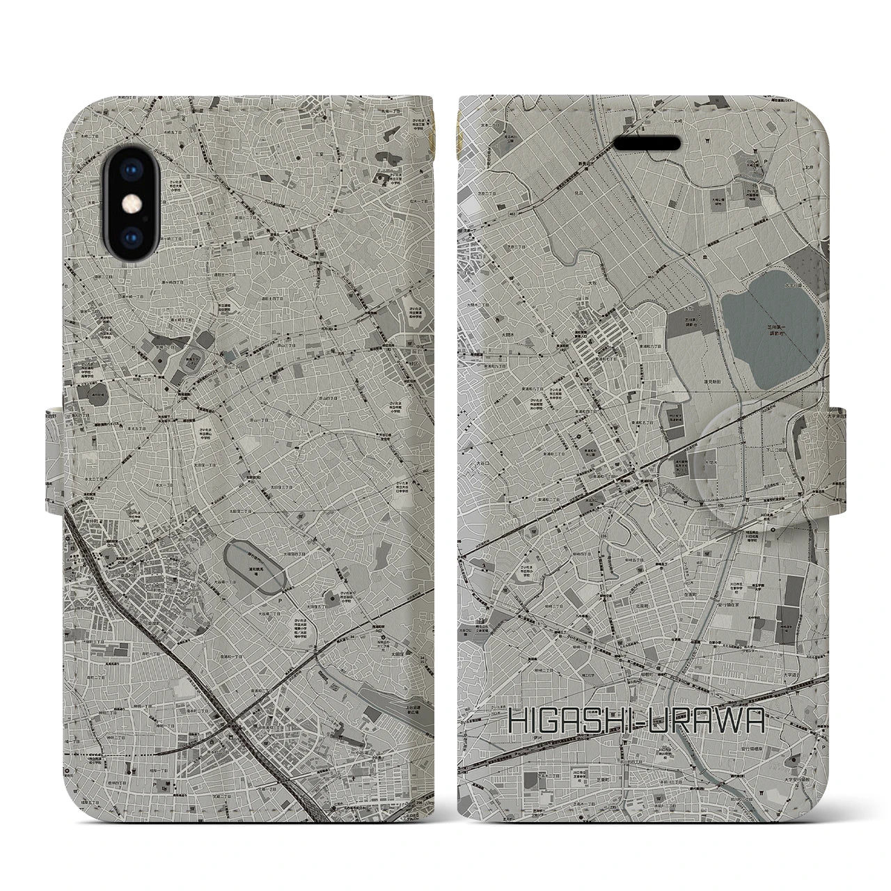 【東浦和(埼玉県)】地図柄iPhoneケース(手帳タイプ)モノトーン・iPhone XS / X 用