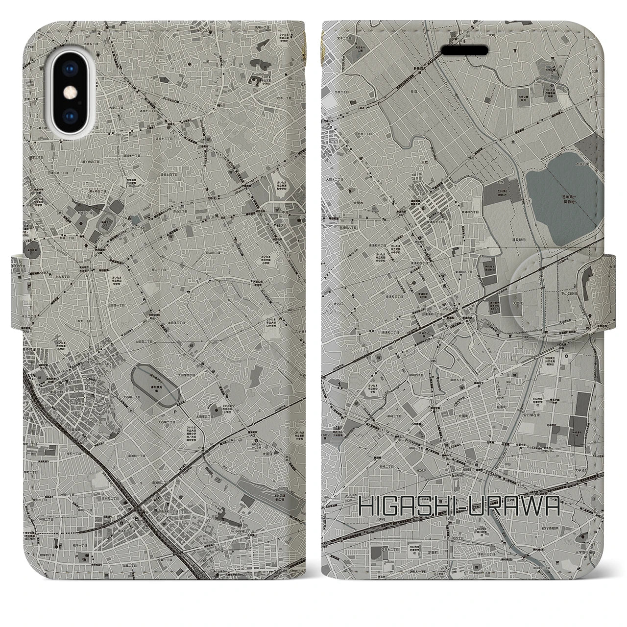【東浦和(埼玉県)】地図柄iPhoneケース(手帳タイプ)モノトーン・iPhone XS Max 用
