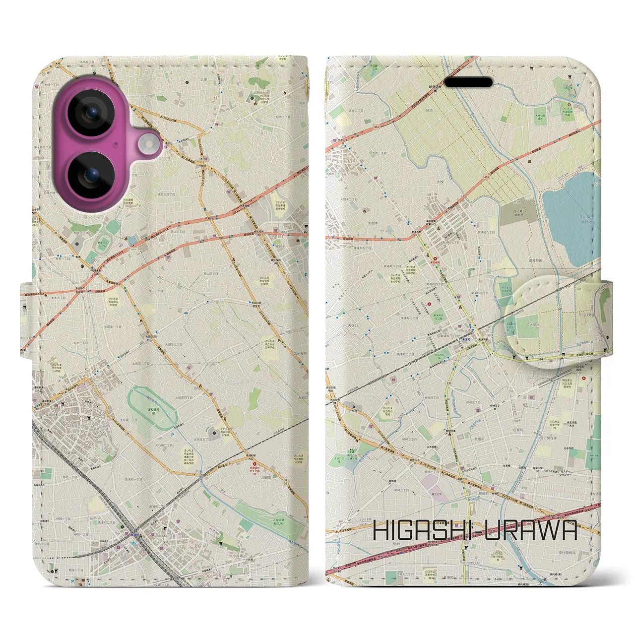 【東浦和(埼玉県)】地図柄iPhoneケース(手帳タイプ)ナチュラル・iPhone 16 Pro 用