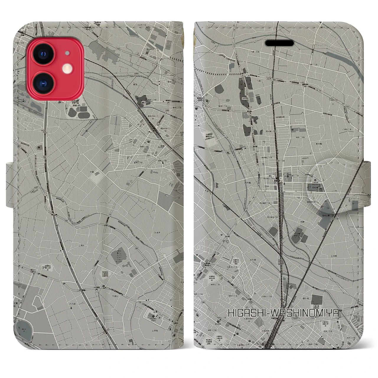 【東鷲宮(埼玉県)】地図柄iPhoneケース(手帳タイプ)モノトーン・iPhone 11 用