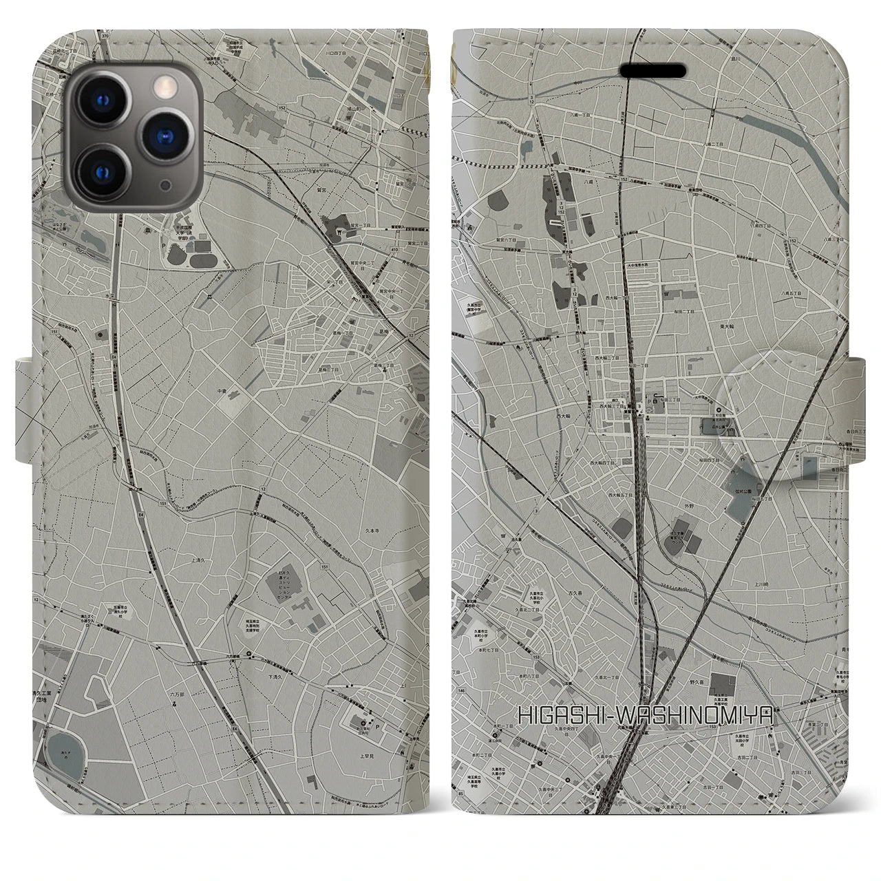 【東鷲宮(埼玉県)】地図柄iPhoneケース(手帳タイプ)モノトーン・iPhone 11 Pro Max 用
