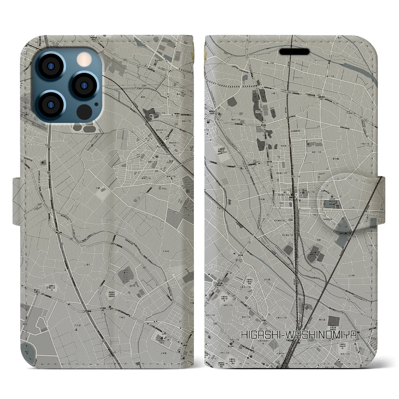 【東鷲宮(埼玉県)】地図柄iPhoneケース(手帳タイプ)モノトーン・iPhone 12 / 12 Pro 用