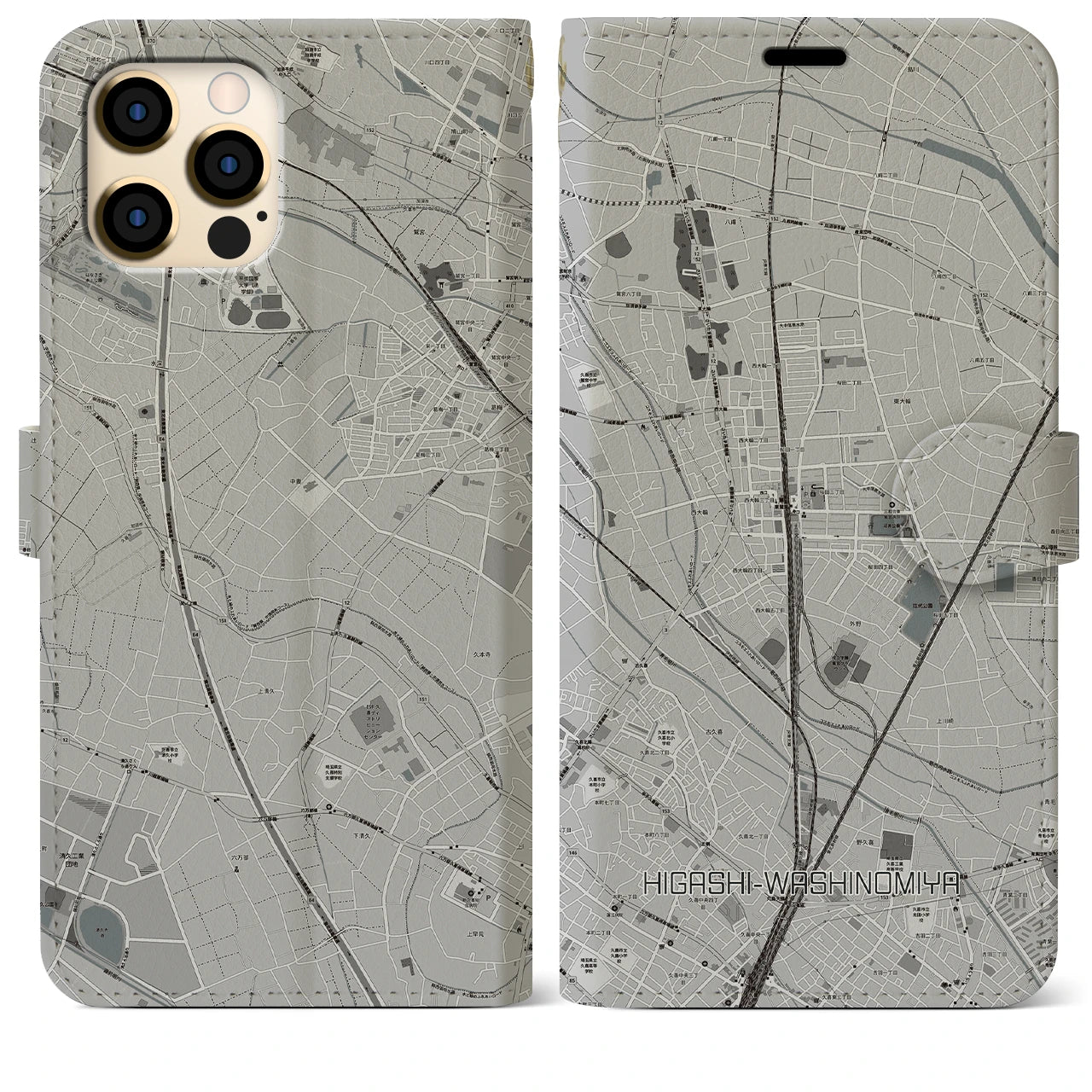 【東鷲宮(埼玉県)】地図柄iPhoneケース(手帳タイプ)モノトーン・iPhone 12 Pro Max 用