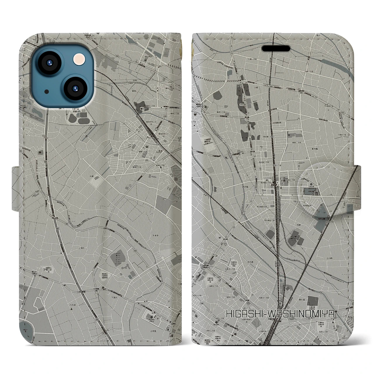【東鷲宮(埼玉県)】地図柄iPhoneケース(手帳タイプ)モノトーン・iPhone 13 用