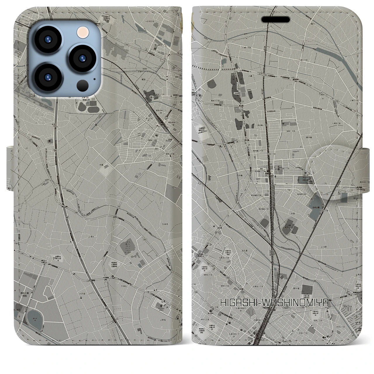 【東鷲宮(埼玉県)】地図柄iPhoneケース(手帳タイプ)モノトーン・iPhone 13 Pro Max 用