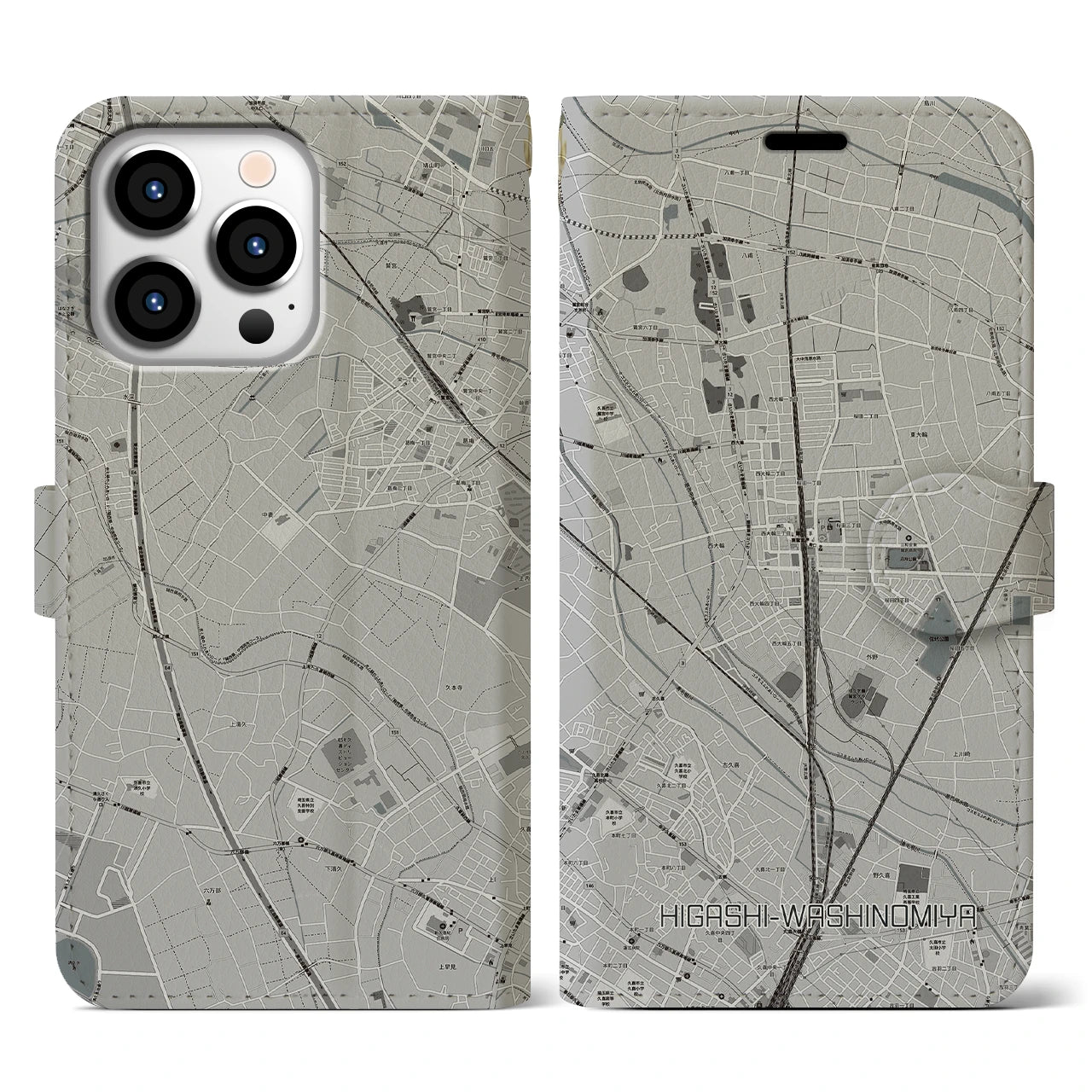 【東鷲宮(埼玉県)】地図柄iPhoneケース(手帳タイプ)モノトーン・iPhone 13 Pro 用