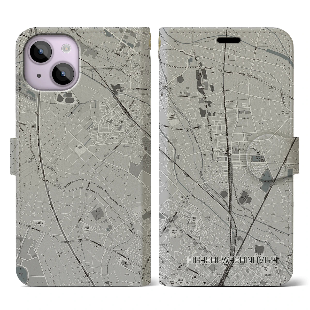 【東鷲宮(埼玉県)】地図柄iPhoneケース(手帳タイプ)モノトーン・iPhone 14 用