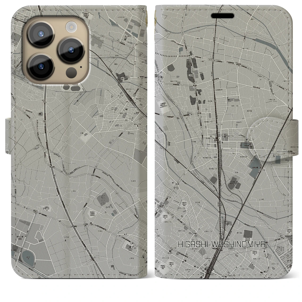 【東鷲宮(埼玉県)】地図柄iPhoneケース(手帳タイプ)モノトーン・iPhone 14 Pro Max 用