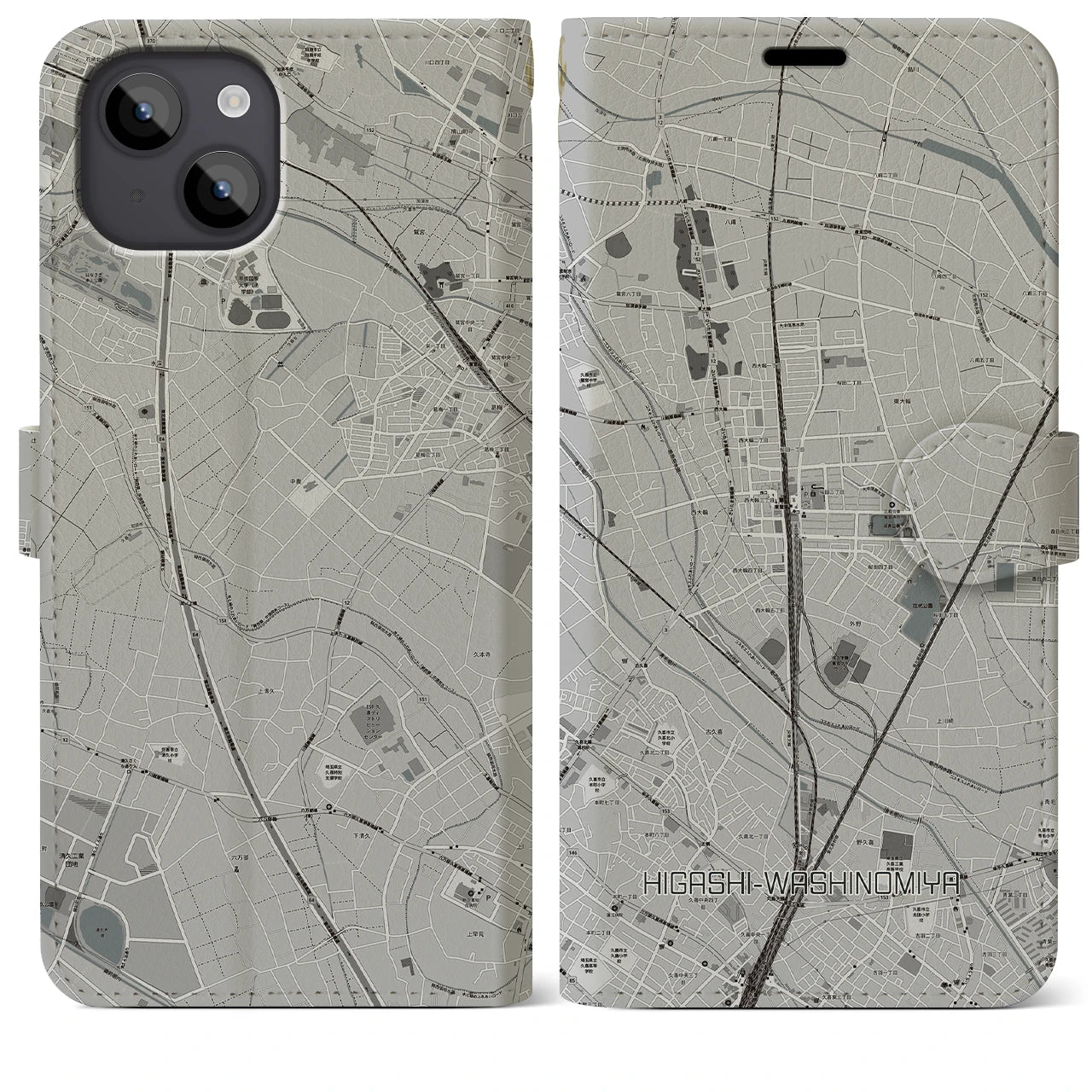 【東鷲宮(埼玉県)】地図柄iPhoneケース(手帳タイプ)モノトーン・iPhone 14 Plus 用