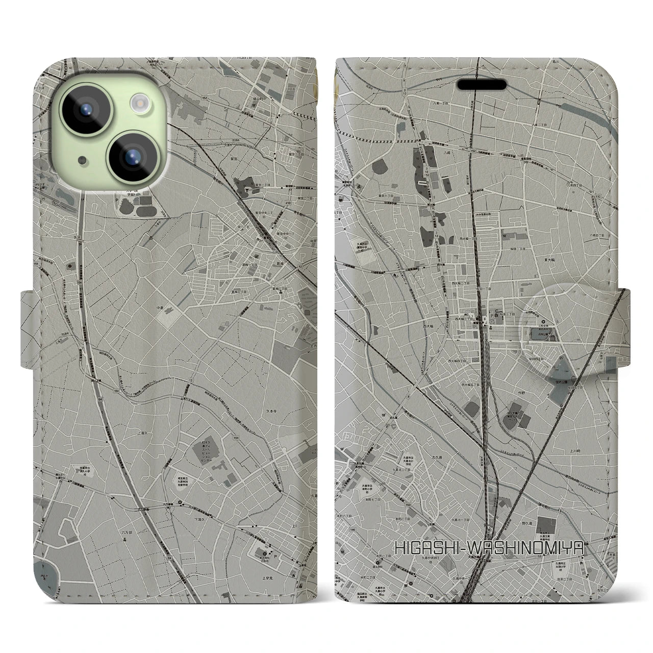【東鷲宮(埼玉県)】地図柄iPhoneケース(手帳タイプ)モノトーン・iPhone 15 用