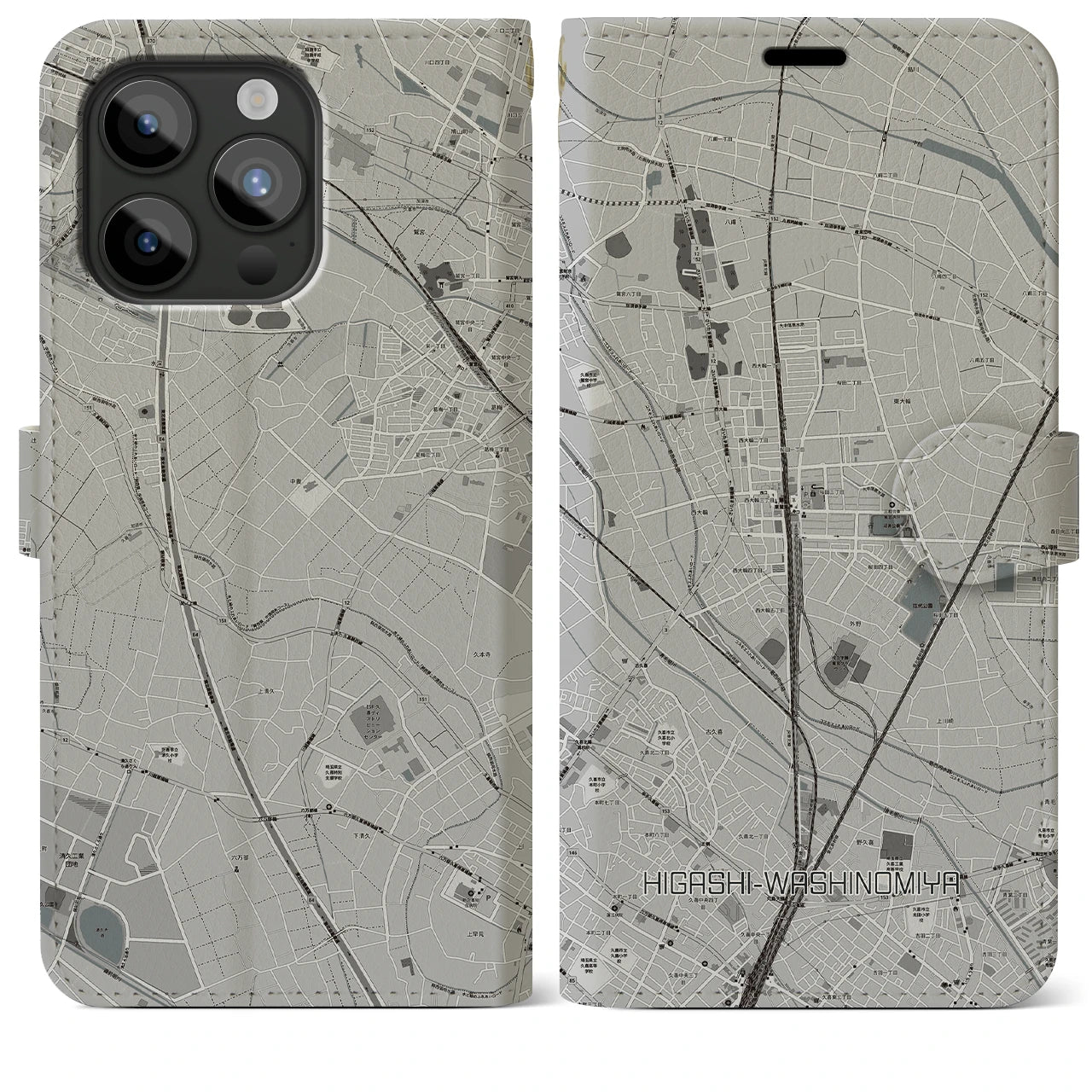 【東鷲宮(埼玉県)】地図柄iPhoneケース(手帳タイプ)モノトーン・iPhone 15 Pro Max 用