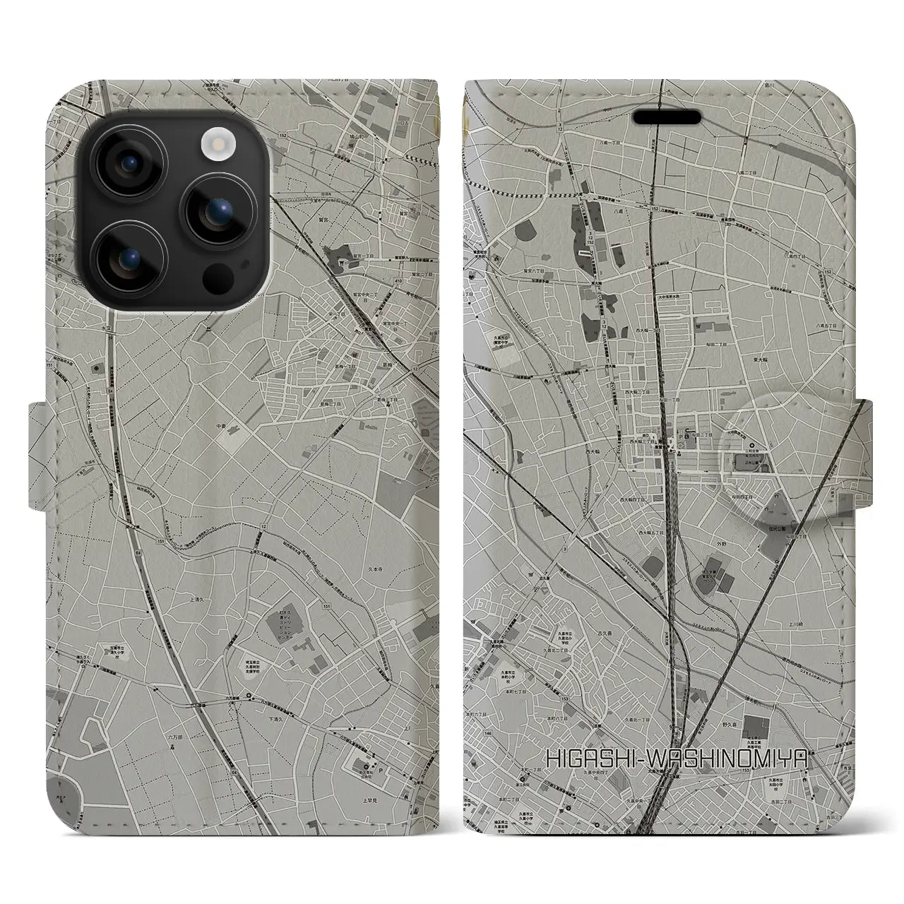 【東鷲宮(埼玉県)】地図柄iPhoneケース(手帳タイプ)モノトーン・iPhone 16 用