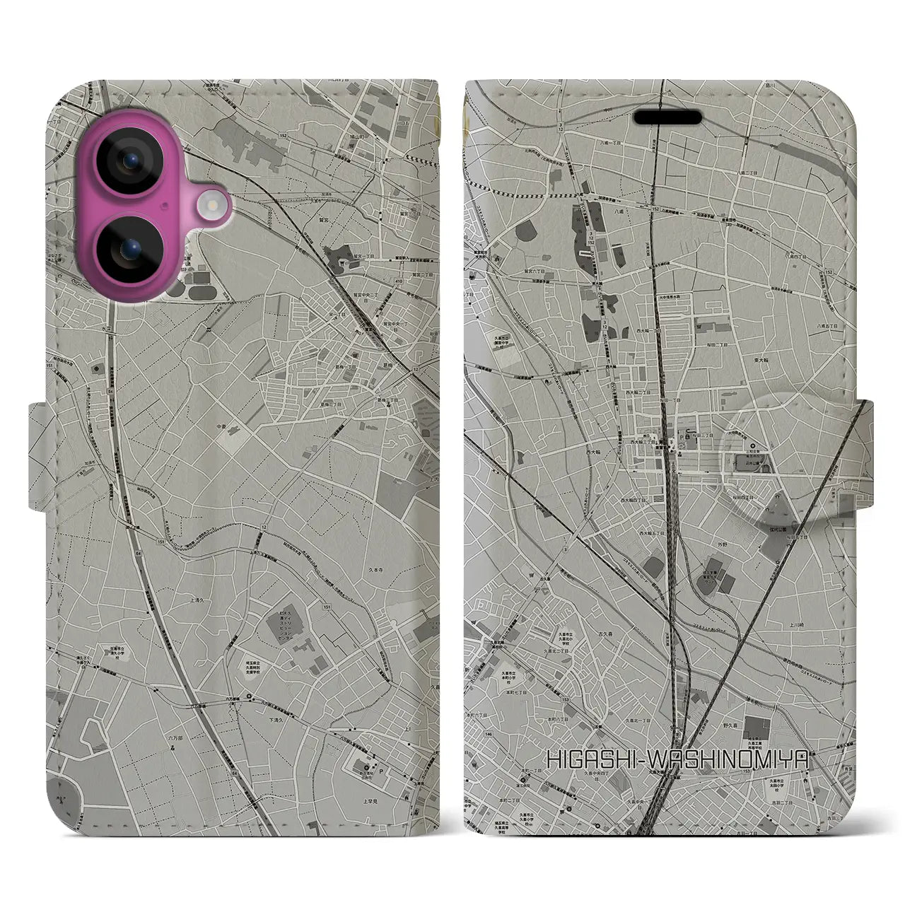 【東鷲宮(埼玉県)】地図柄iPhoneケース(手帳タイプ)モノトーン・iPhone 16 Pro 用