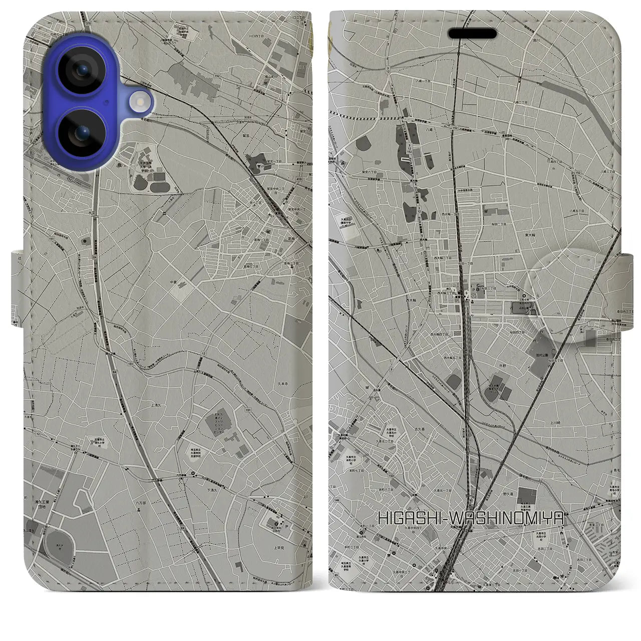 【東鷲宮(埼玉県)】地図柄iPhoneケース(手帳タイプ)モノトーン・iPhone 16 Pro Max 用