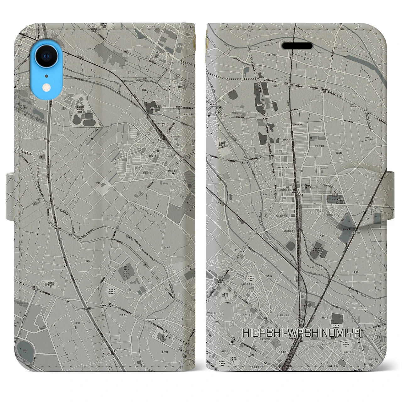 【東鷲宮(埼玉県)】地図柄iPhoneケース(手帳タイプ)モノトーン・iPhone XR 用