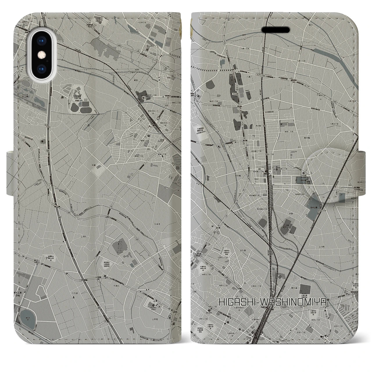 【東鷲宮(埼玉県)】地図柄iPhoneケース(手帳タイプ)モノトーン・iPhone XS Max 用