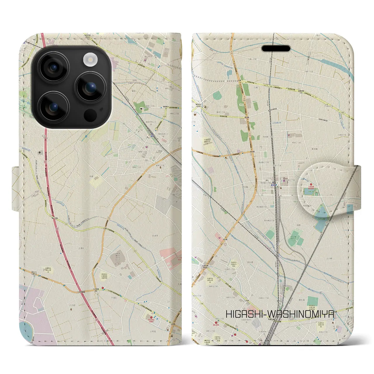 【東鷲宮(埼玉県)】地図柄iPhoneケース(手帳タイプ)ナチュラル・iPhone 16 用