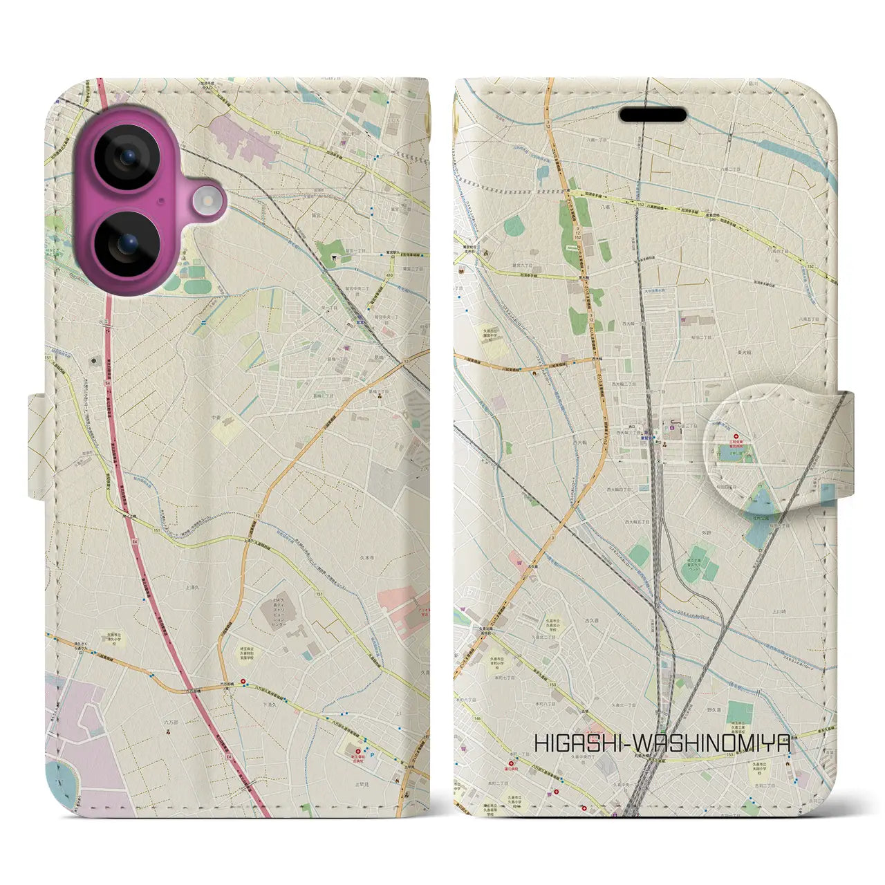 【東鷲宮(埼玉県)】地図柄iPhoneケース(手帳タイプ)ナチュラル・iPhone 16 Pro 用