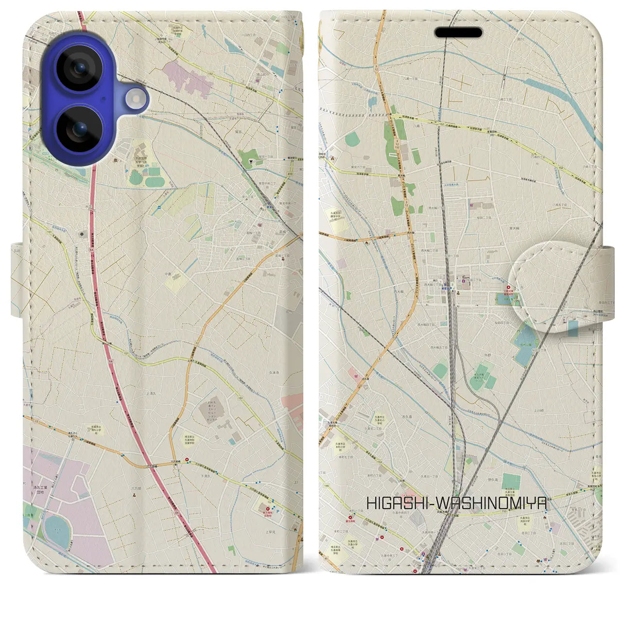 【東鷲宮(埼玉県)】地図柄iPhoneケース(手帳タイプ)ナチュラル・iPhone 16 Pro Max 用