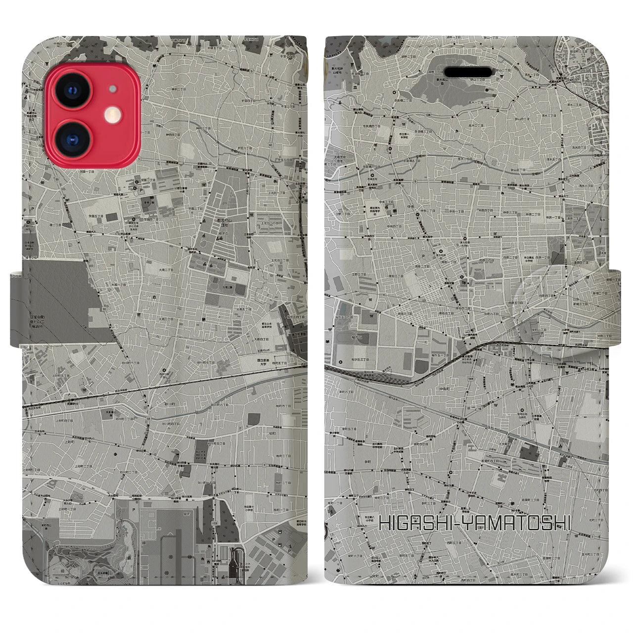 【東大和市(東京都)】地図柄iPhoneケース(手帳タイプ)モノトーン・iPhone 11 用