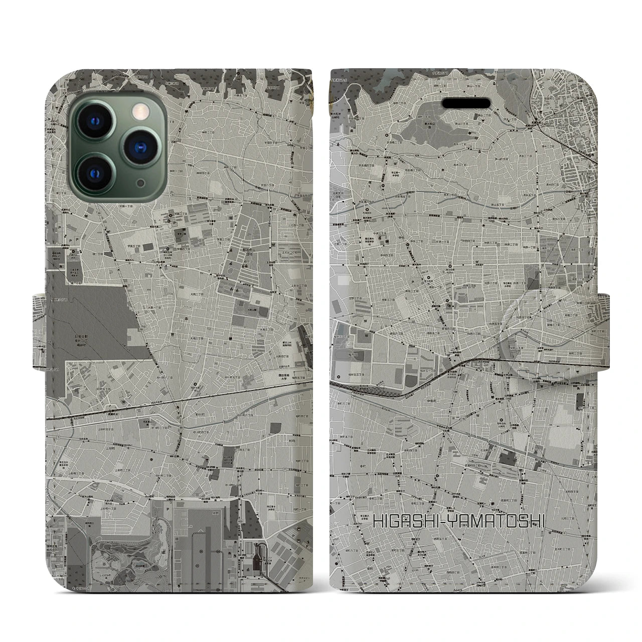 【東大和市(東京都)】地図柄iPhoneケース(手帳タイプ)モノトーン・iPhone 11 Pro 用